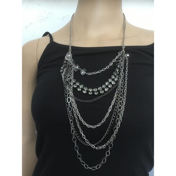 Silver Multi Chain and Rhinestone Necklace - Picture 2 of 3